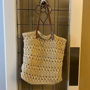 Nordstrom Natural Woven Crochet Tote with Brown Leather Straps